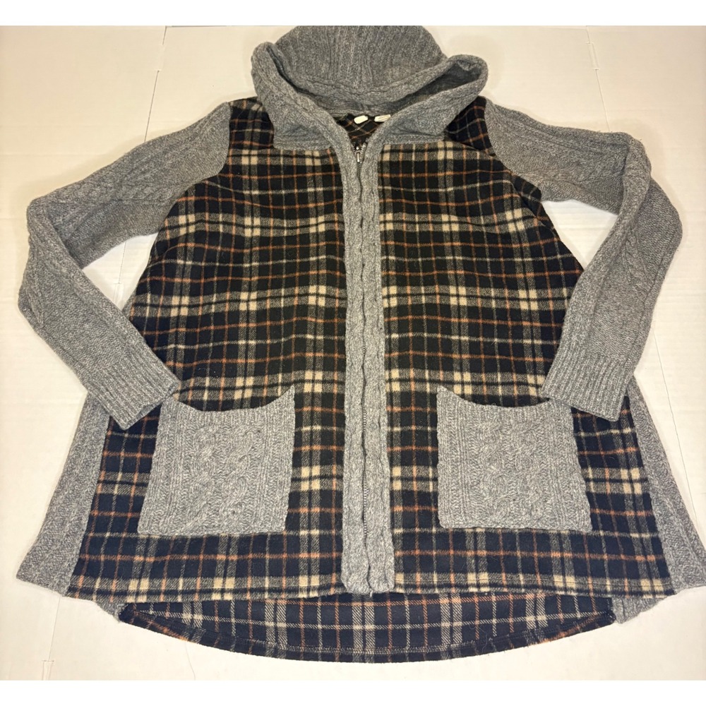 Anthropologie Moth Derry Plaid Cable Knit Hooded Sweater Jacket Gorpcore Boho